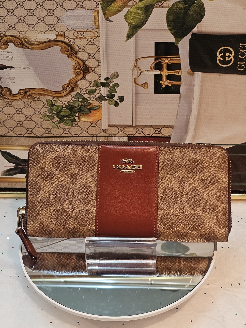 Coach Accordion Colorblack Signature Canvas & Chestnut Calf Leather Zip Wallet